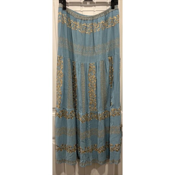 Hale Bob Skirt Boho Small Festival Blue With Gold Metallic Threads Waist 30 - Picture 9 of 9